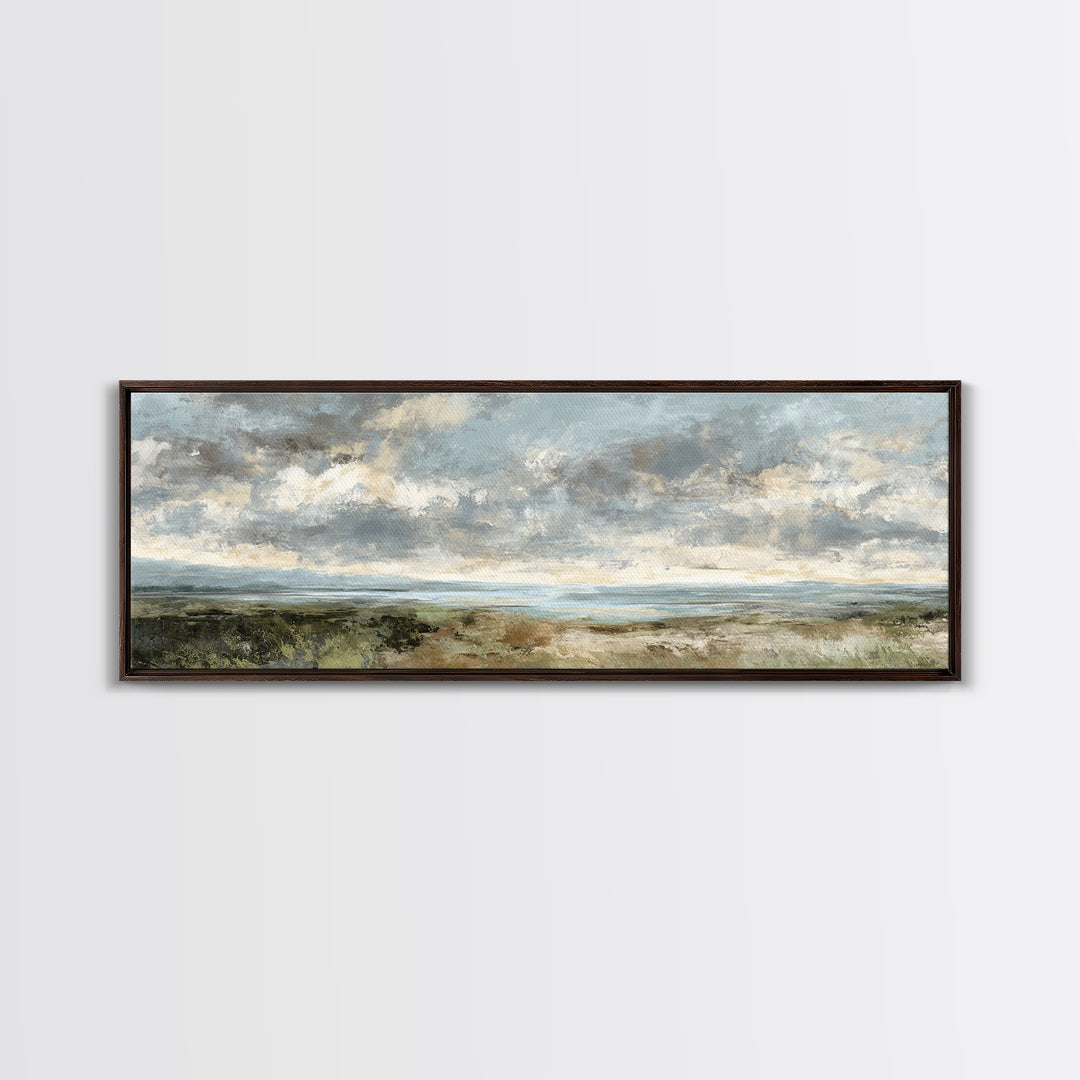 Dramatic Cloudscape over a Distant Valley Canvas Print, Above Sofa Art, Boho Wall Art, Living Room Decor, Watercolor Art, ASA-3x1-45