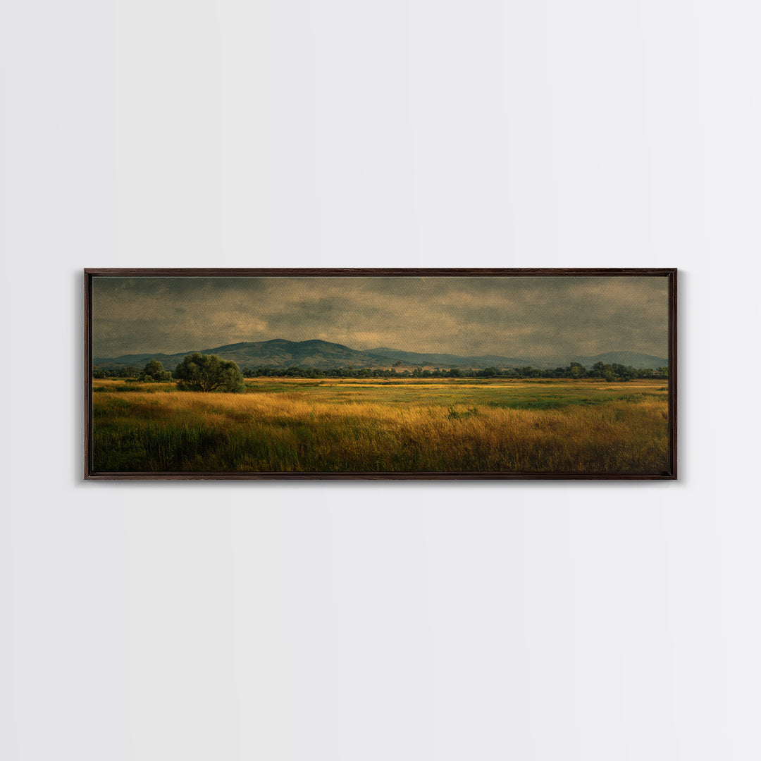 Wide Olive and Beige Meadow Panorama Framed Canvas Print, Above Sofa Art, Boho Wall Art, Living Room Decor, Fine Art, Statement, ASA-3x1-74