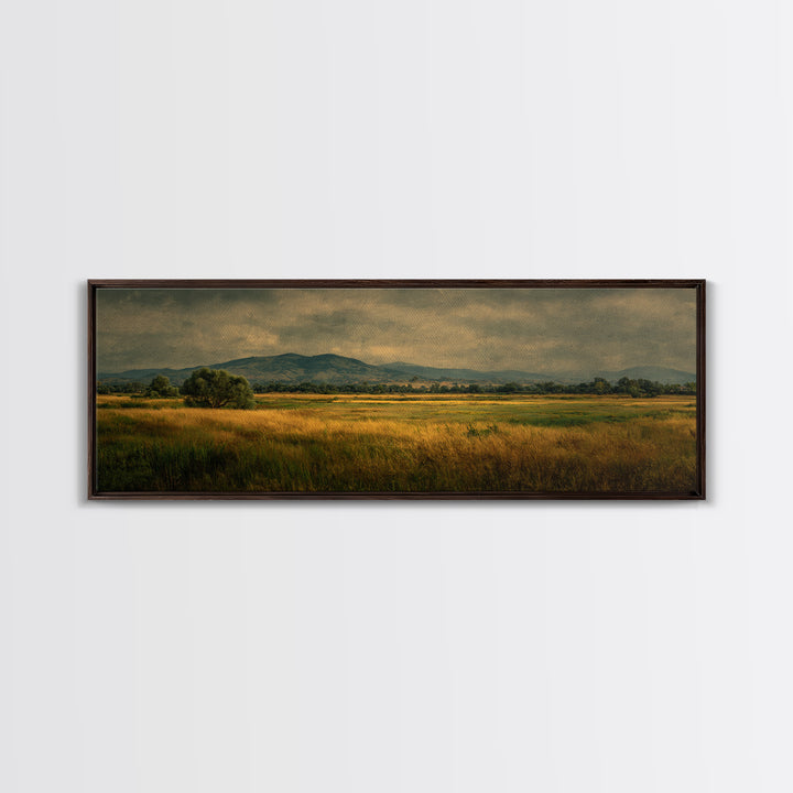 Wide Olive and Beige Meadow Panorama Framed Canvas Print, Above Sofa Art, Boho Wall Art, Living Room Decor, Fine Art, Statement, ASA-3x1-74