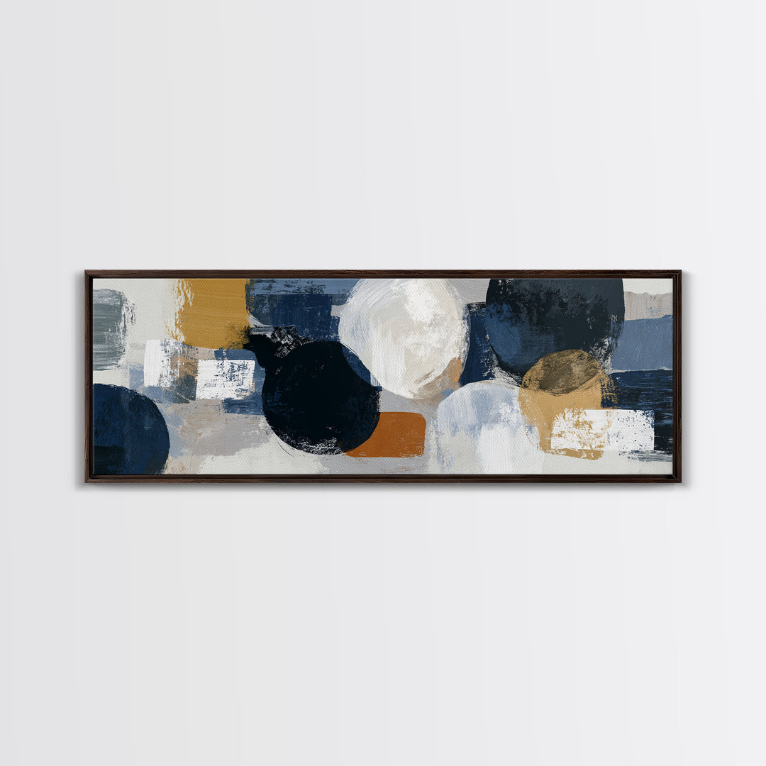 Bold Navy and Ivory Abstract Brushwork Framed Canvas Print, Above Sofa Art, Farmhouse Decor, Living Room Decor, Statement, ASA-3x1-82