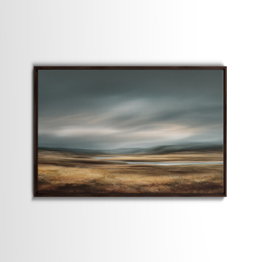 Wide Olive and Beige Meadow Panorama Framed Canvas Print, Above Sofa Art, Living Room Decor, Oil Painting, Statement, ASA-3x2-14