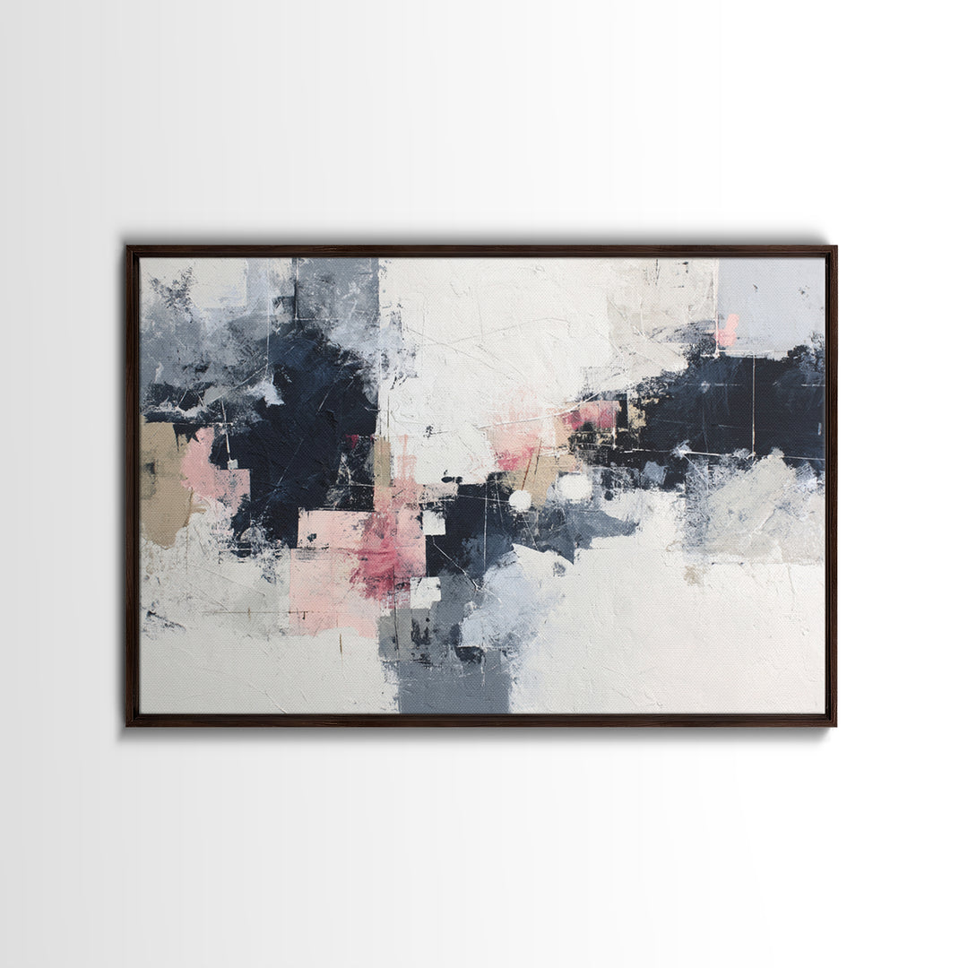 Bold Navy and Ivory Abstract Brushwork Framed Canvas Print, Above Sofa Art, Living Room Decor, Abstract Art, Statement, ASA-3x2-46