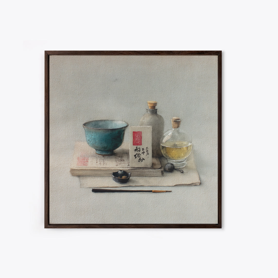 Tea Bowl and Steam Still Life on Canvas Print, Asian Inspired Art, Bird Art, Living Room Decor, Oil Painting, Harmony, ASI-1x1-15