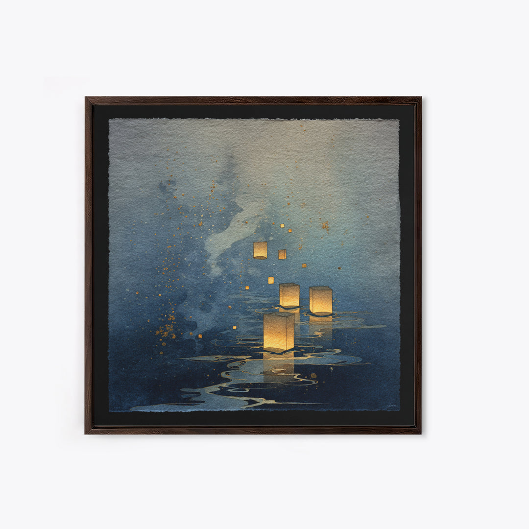 Floating Lanterns over Dark Water with Gentle Canvas Print, Asian Inspired Art, Bedroom Wall Decor, Living Room Decor, Harmony, ASI-1x1-19