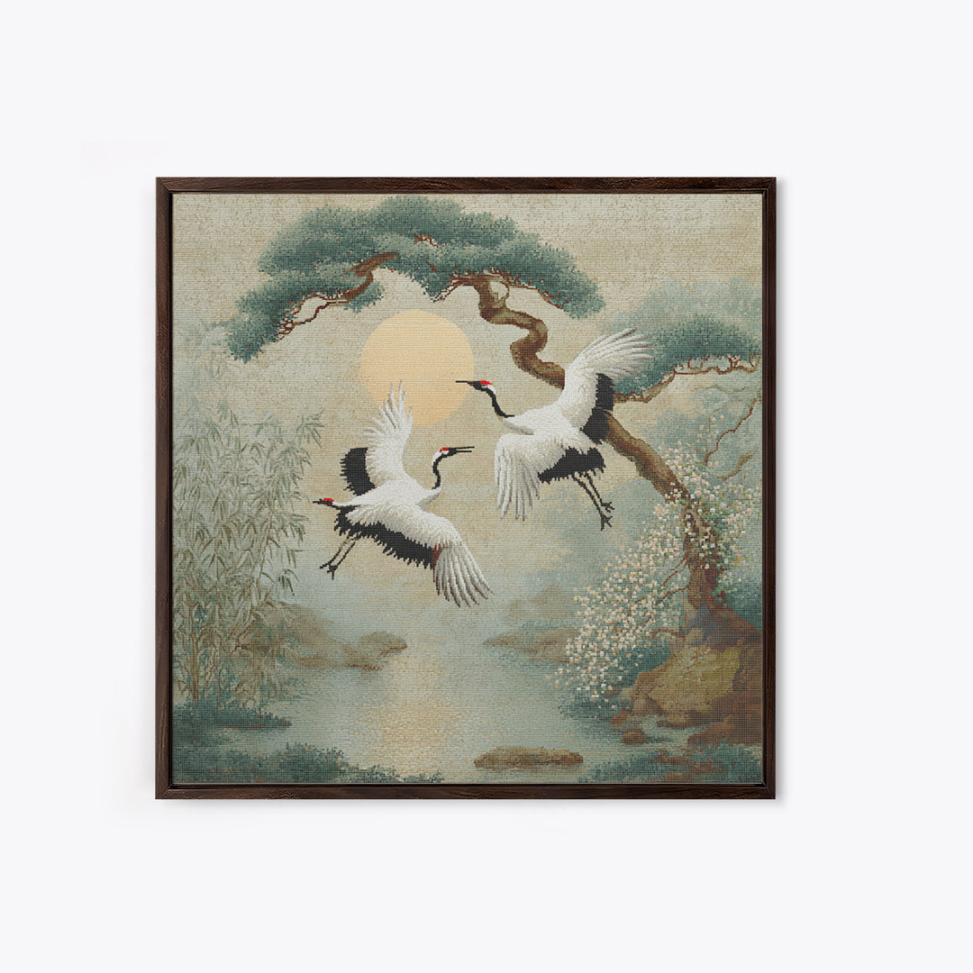 Red Crowned Cranes Flying Through Misty Pine Canvas Print, Asian Inspired Art, Modern Decor, Living Room Decor, Harmony, ASI-1x1-49