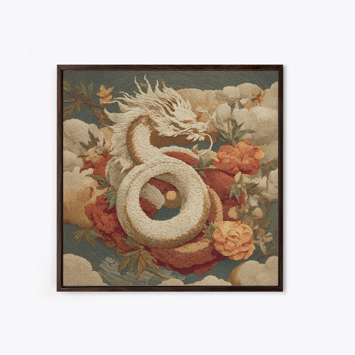 Dragon Curling Through Clouds Framed Canvas Print, Asian Inspired Art, Asian Wall Art, Living Room Decor, Oil Painting, Harmony, ASI-1x1-61