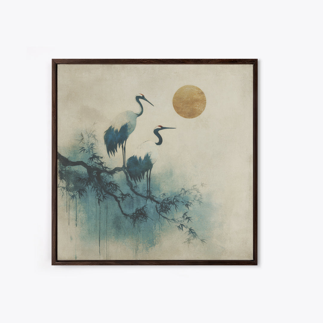 Crane and Moon Composition Framed Canvas Print, Asian Inspired Art, Japanese Art Print, Living Room Decor, Abstract Art, ASI-1x1-72