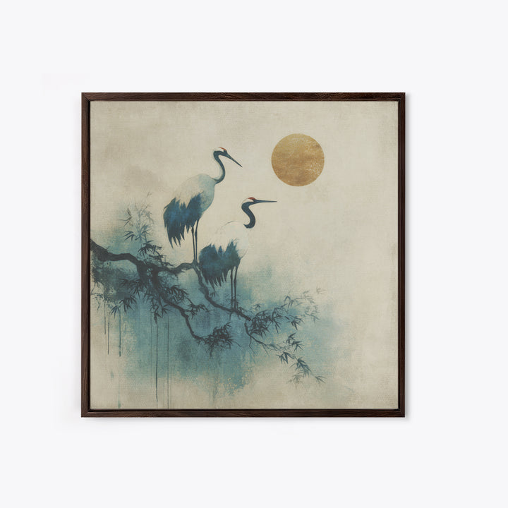 Crane and Moon Composition Framed Canvas Print, Asian Inspired Art, Japanese Art Print, Living Room Decor, Abstract Art, ASI-1x1-72