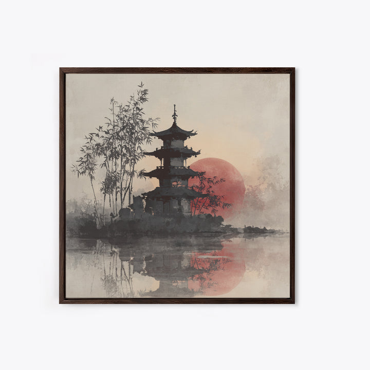 Pagoda Silhouette at Sunset Framed Canvas Print, Asian Inspired Art, Statement Artwork, Living Room Decor, Fine Art, Harmony, ASI-1x1-83