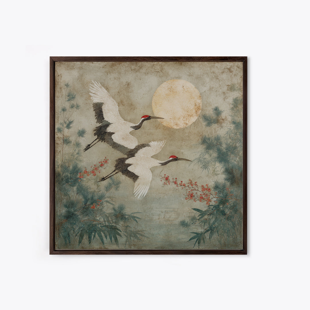 Red Crowned Cranes Flying Through Misty Pine Canvas Print, Asian Inspired Art, Wall Art, Living Room Decor, Oil Painting, ASI-1x1-97