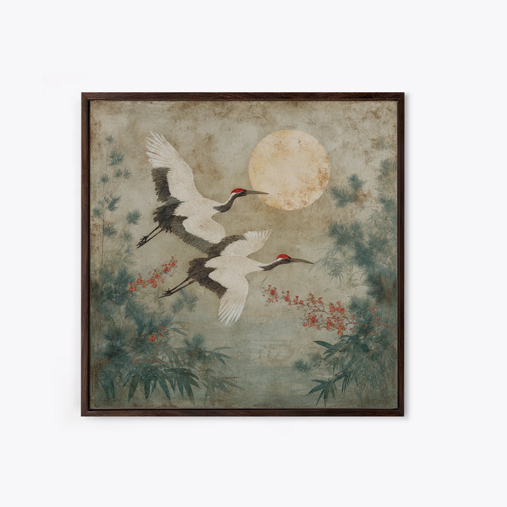Red Crowned Cranes Flying Through Misty Pine Canvas Print, Asian Inspired Art, Wall Art, Living Room Decor, Oil Painting, ASI-1x1-97