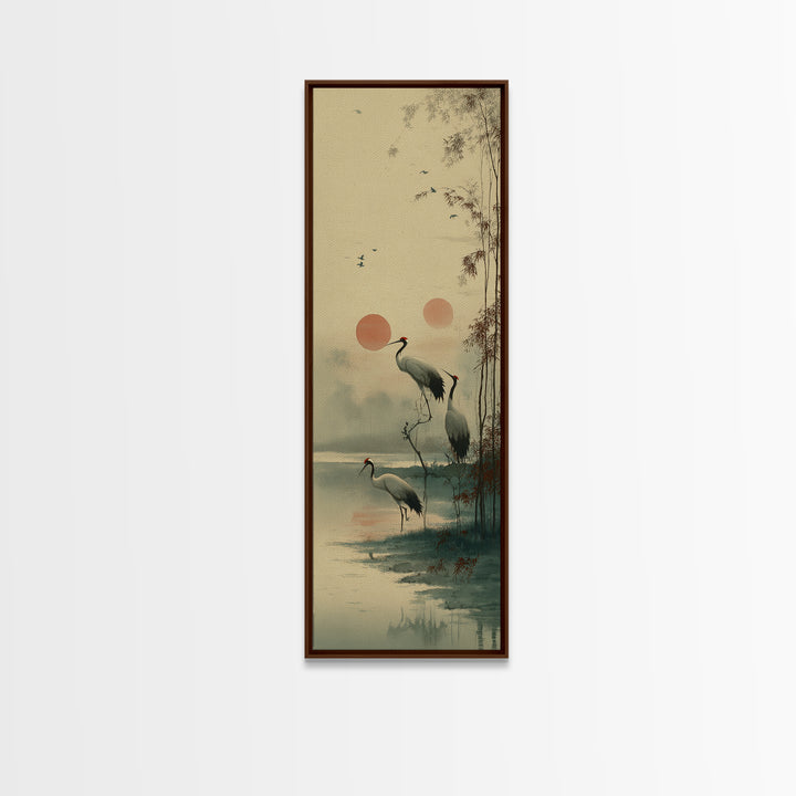 Crane and Moon Composition Canvas Print, Asian Inspired Art, Boho Decor, Living Room Decor, Oil Painting, Harmony, Digital Art, ASI-1x3-12