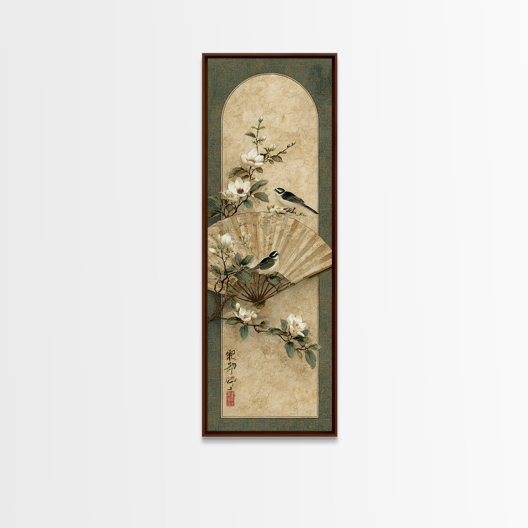 Fan Shaped Composition of Blossoms and Birds Canvas Print, Asian Inspired Art, Modern Decor, Living Room Decor, Harmony, ASI-1x3-29