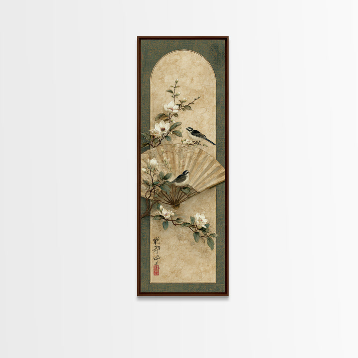 Fan Shaped Composition of Blossoms and Birds Canvas Print, Asian Inspired Art, Modern Decor, Living Room Decor, Harmony, ASI-1x3-29
