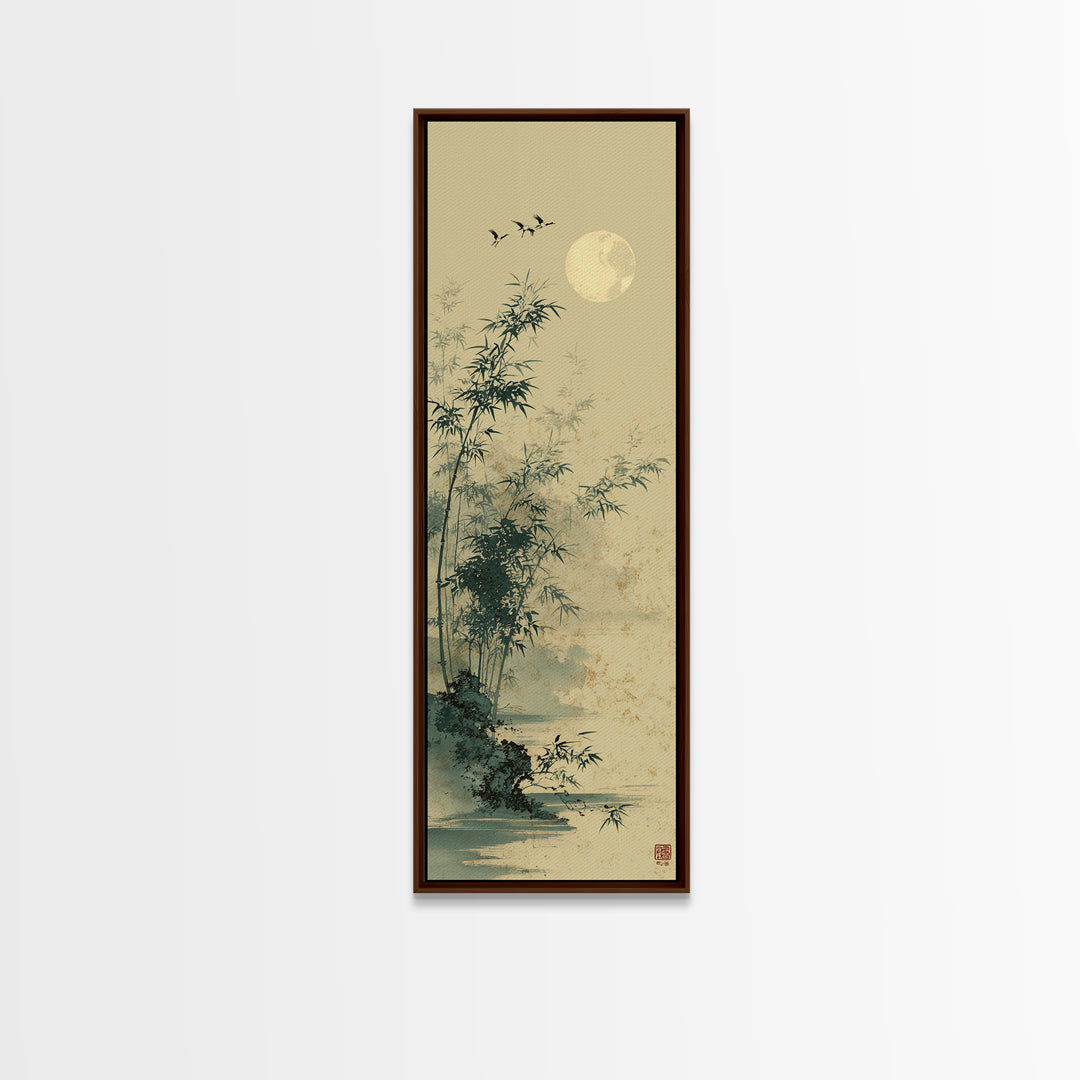 Crane and Moon Composition Canvas Print, Asian Inspired Art, Living Room Decor, Abstract Art, Harmony, Farmhouse Wall Art, ASI-1x3-60
