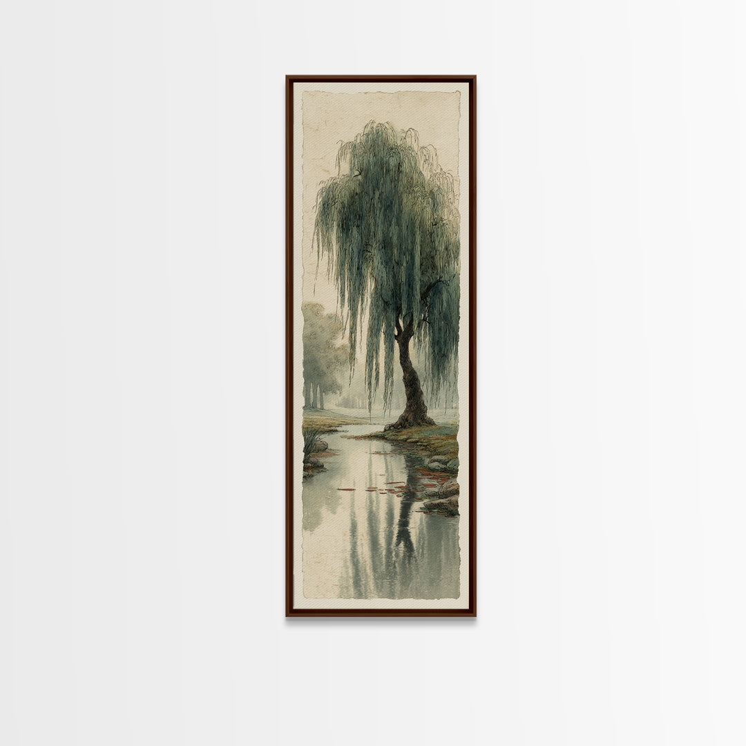 Willow Tree over a Reflective Pond Canvas Print, Asian Inspired Art, Asian Wall Art, Living Room Decor, Fine Art, Harmony, ASI-1x3-78
