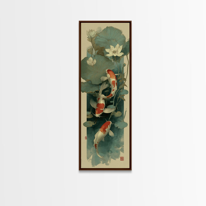 Koi Fish Circling Beneath Floating Lotus Blossoms Canvas Print, Asian Inspired Art, Luxury Decor, Living Room Decor, Harmony, ASI-1x3-86