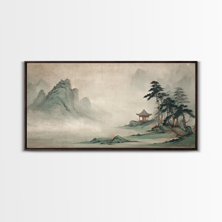 Chinese Mountain Scroll Landscape Framed Canvas Print, Asian Inspired Art, Floral Art, Living Room Decor, Oil Painting, Harmony, ASI-2x1-100