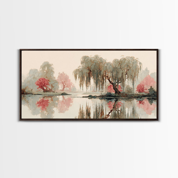 Willow Tree over a Reflective Pond Framed Canvas Print, Asian Inspired Art, Fine Art Print, Living Room Decor, Watercolor Art, ASI-2x1-14