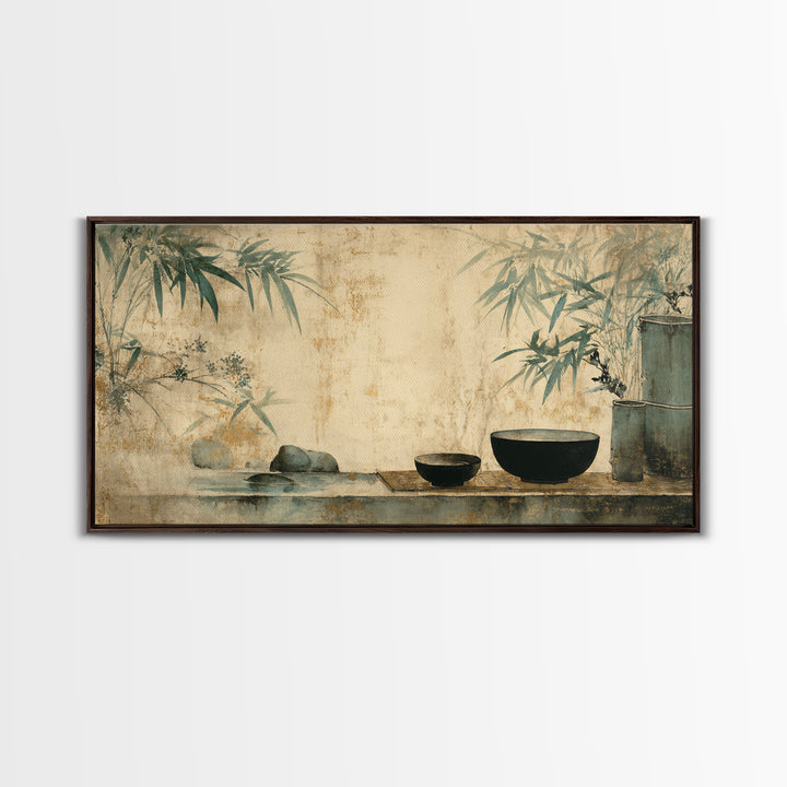 Tea Bowl and Steam Still Life on Framed Canvas Print, Asian Inspired Art, Living Room Decor, Oil Painting, Harmony, ASI-2x1-35