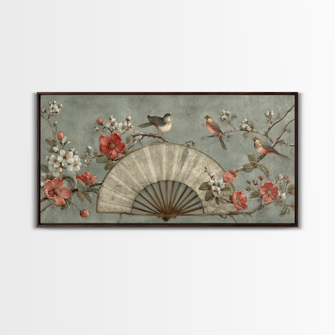 Fan Shaped Composition of Blossoms and Birds Canvas Print, Asian Inspired Art, Minimalist Decor, Living Room Decor, Harmony, ASI-2x1-37