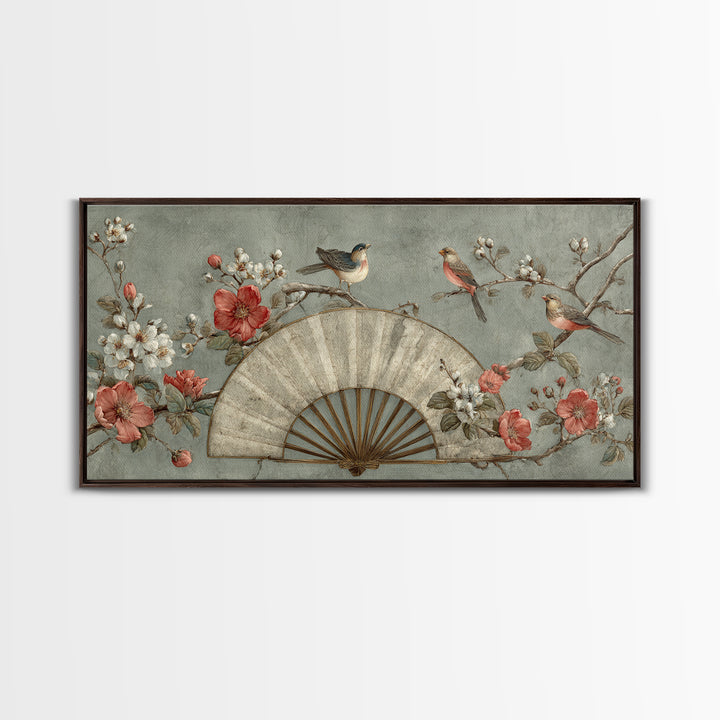 Fan Shaped Composition of Blossoms and Birds Canvas Print, Asian Inspired Art, Minimalist Decor, Living Room Decor, Harmony, ASI-2x1-37
