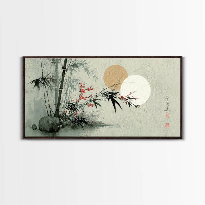 Golden Moon Behind Bamboo Silhouettes Canvas Print, Asian Inspired Art, Art Nouveau, Living Room Decor, Fine Art, Harmony, ASI-2x1-49