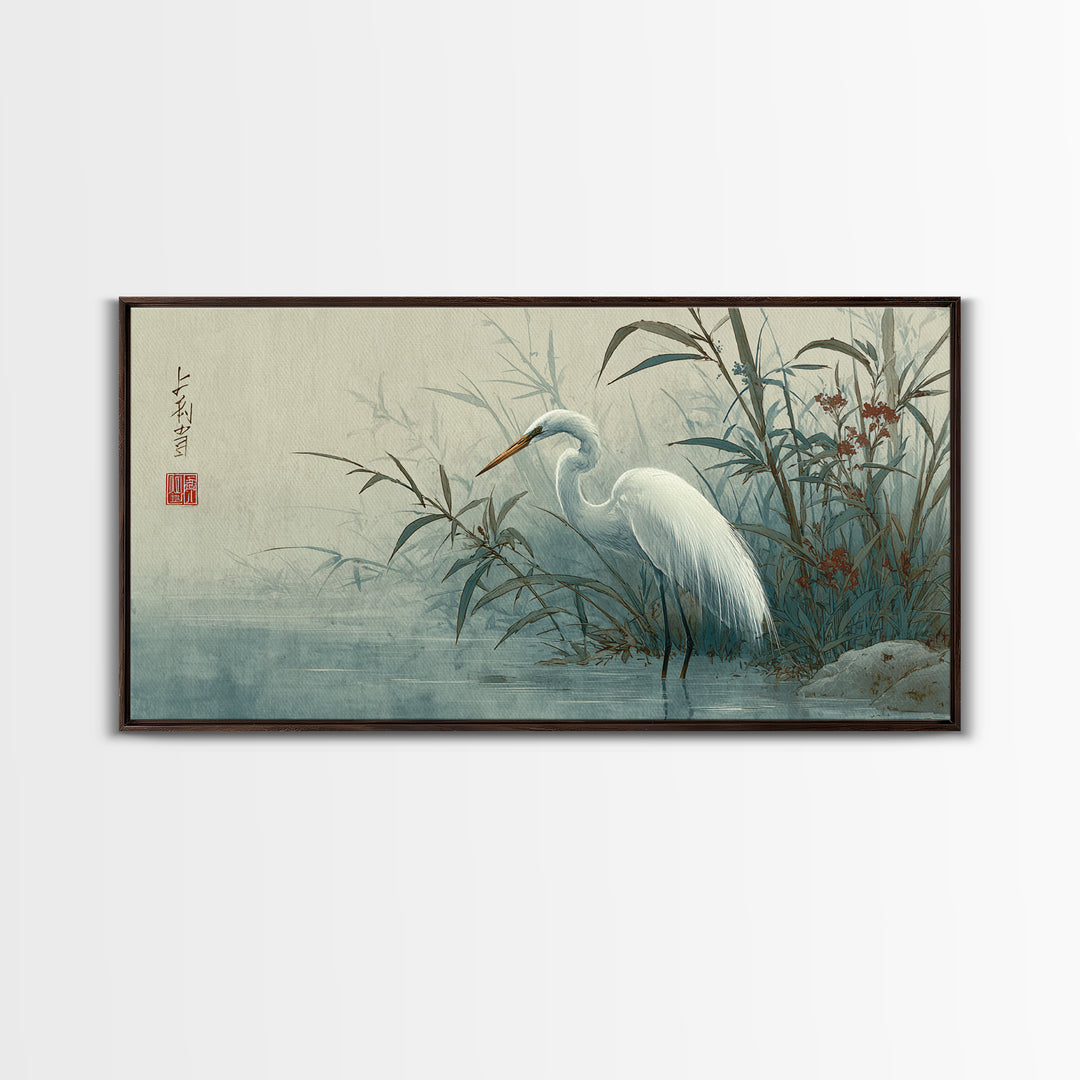 White Heron Standing Canvas Print, Asian Inspired Art, Printable Art, Living Room Decor, Oil Painting, Harmony, ASI-2x1-53