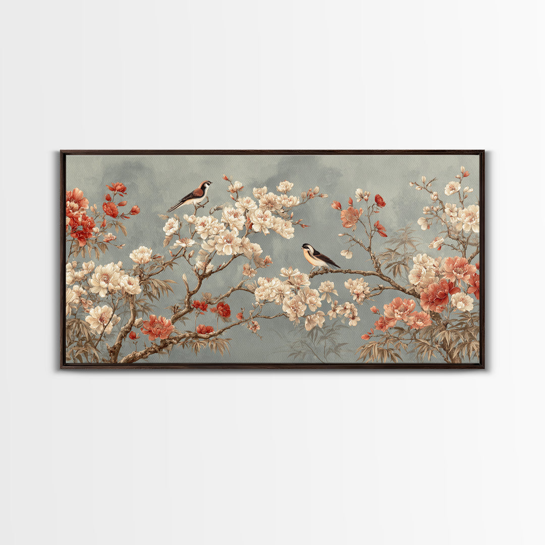 Fan Shaped Composition of Blossoms and Birds Canvas Print, Asian Inspired Art, Digital Art, Living Room Decor, Abstract Art, ASI-2x1-61