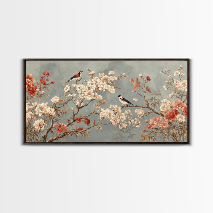 Fan Shaped Composition of Blossoms and Birds Canvas Print, Asian Inspired Art, Digital Art, Living Room Decor, Abstract Art, ASI-2x1-61