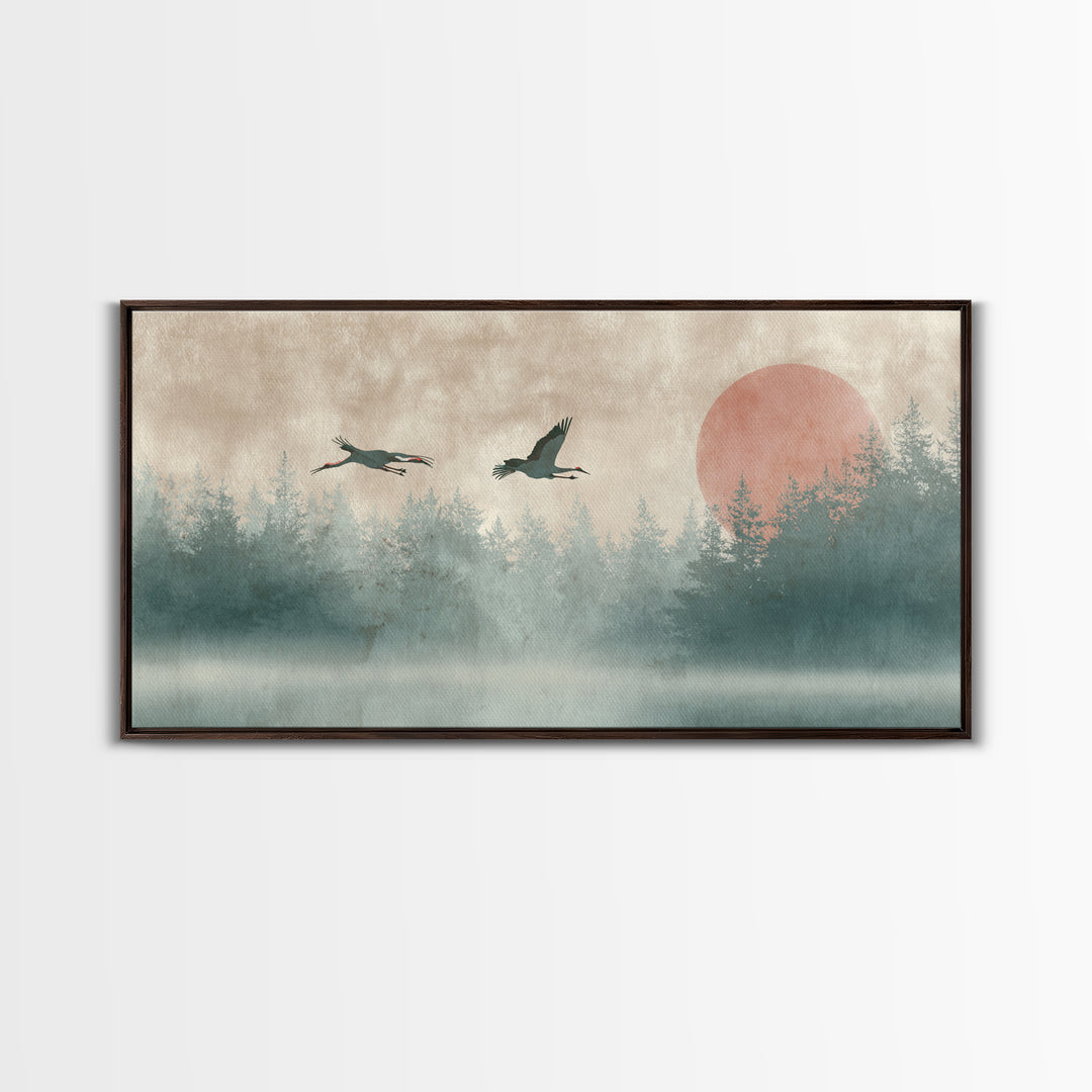 Crane and Moon Composition Canvas Print, Asian Inspired Art, Printable Art, Living Room Decor, Watercolor Art, Harmony, ASI-2x1-68