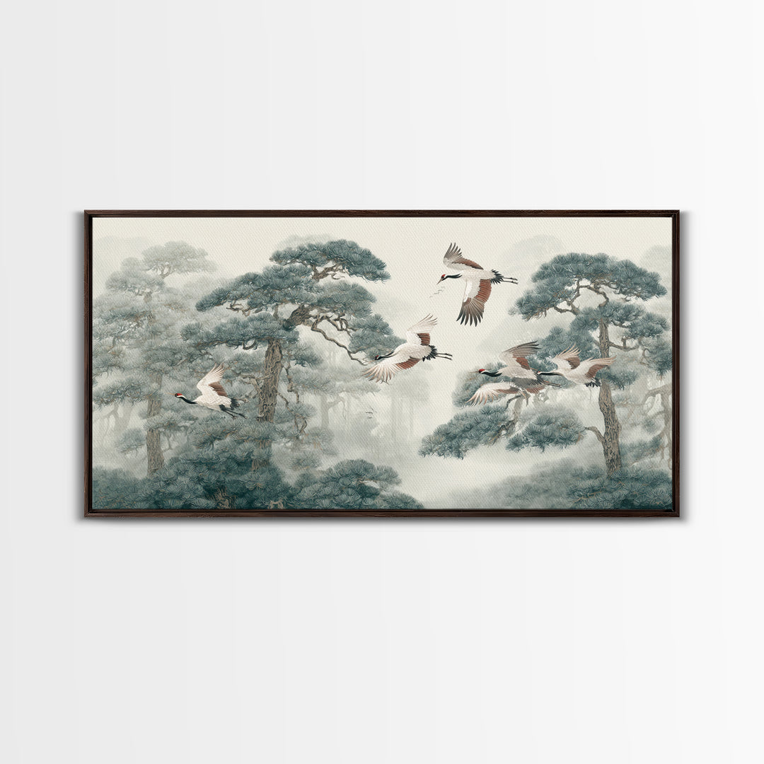 Red Crowned Cranes Flying Through Misty Pine Canvas Print, Asian Inspired Art, Japanese Art, Living Room Decor, Harmony, ASI-2x1-69