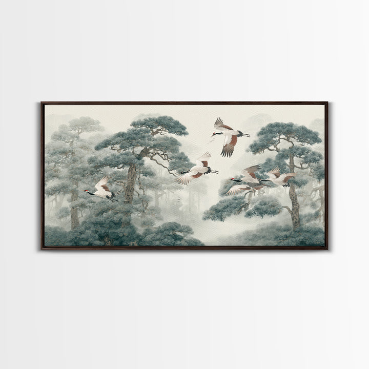 Red Crowned Cranes Flying Through Misty Pine Canvas Print, Asian Inspired Art, Japanese Art, Living Room Decor, Harmony, ASI-2x1-69