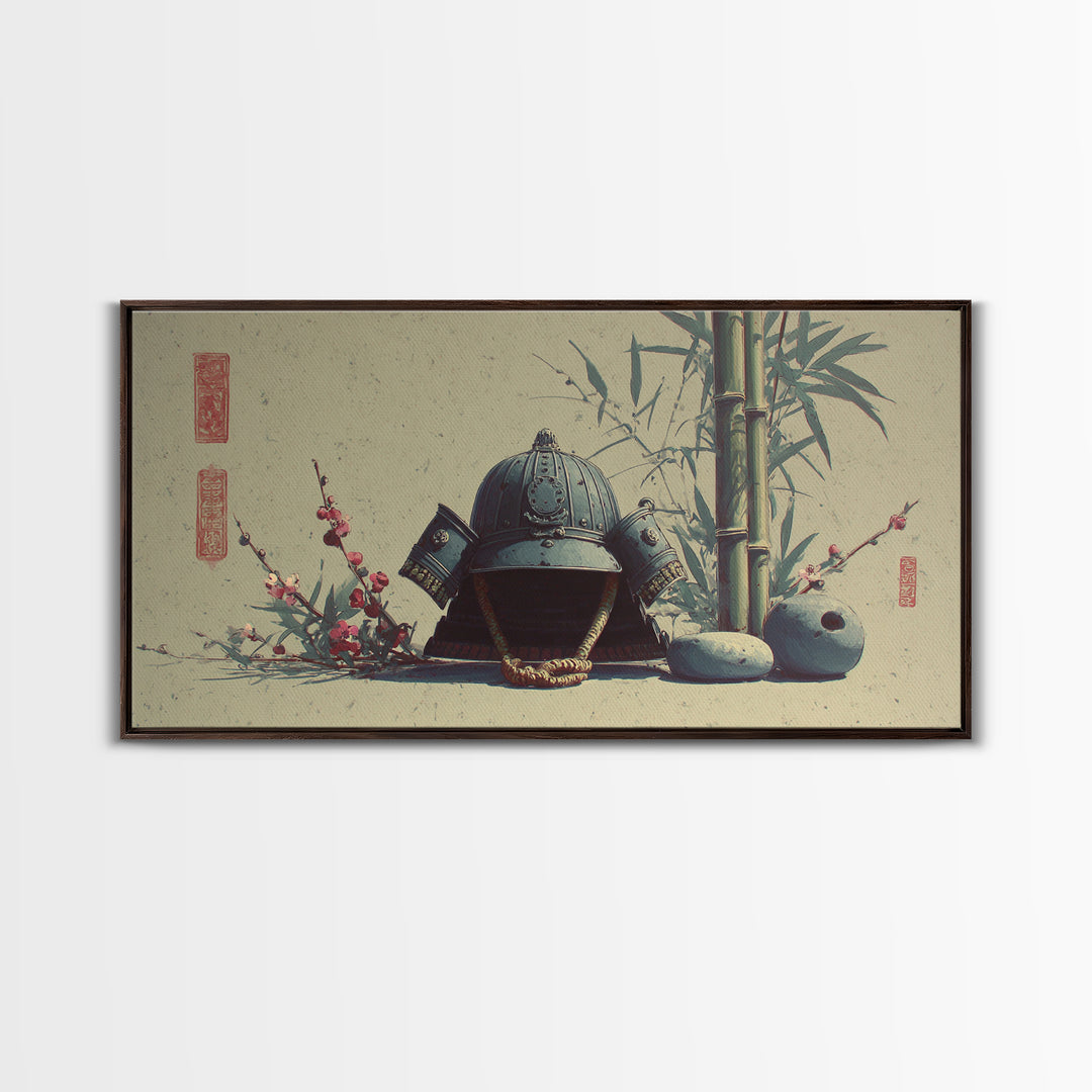 Samurai Helmet Still Life Framed Canvas Print, Asian Inspired Art, Boho Decor, Living Room Decor, Harmony, Digital Art, ASI-2x1-75