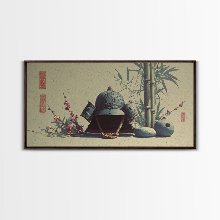 Samurai Helmet Still Life Framed Canvas Print, Asian Inspired Art, Boho Decor, Living Room Decor, Harmony, Digital Art, ASI-2x1-75