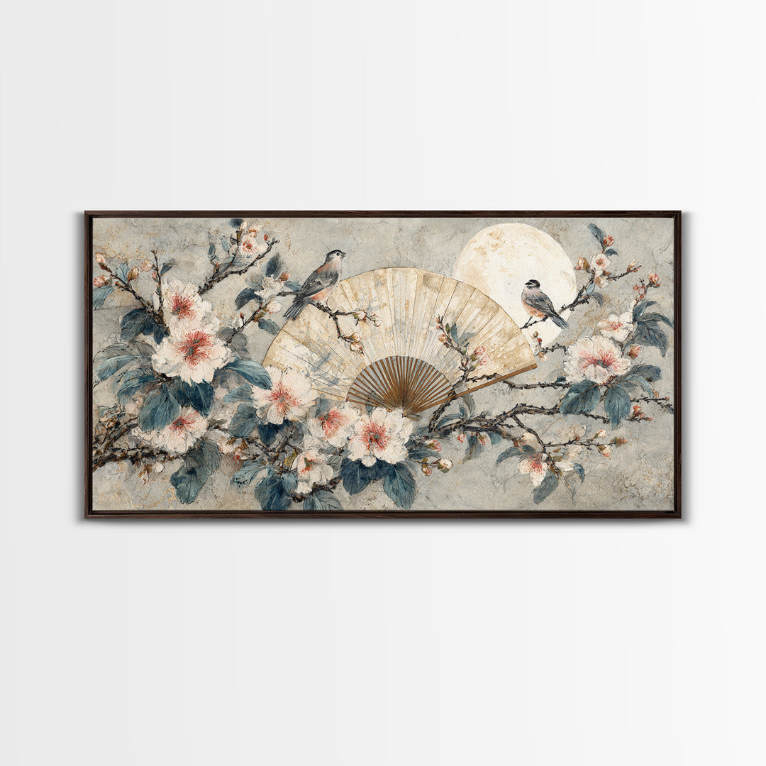 Fan Shaped Composition of Blossoms and Birds Canvas Print, Asian Inspired Art, Unique Wall Art, Living Room Decor, Harmony, ASI-2x1-85