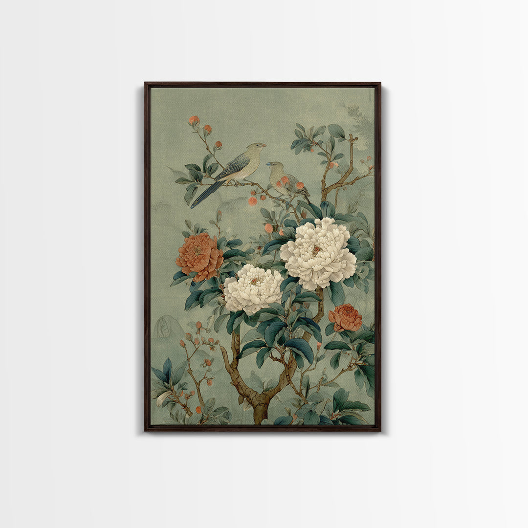 Fan Shaped Composition of Blossoms and Birds Framed Canvas Print, Asian Inspired Art, Wall Art, Living Room Decor, Harmony, ASI-2x3-25