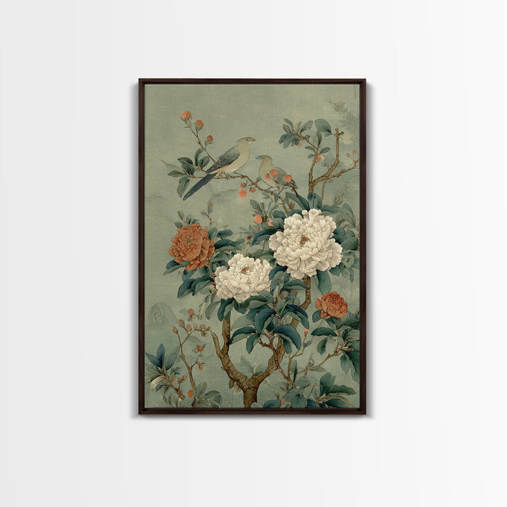Fan Shaped Composition of Blossoms and Birds Framed Canvas Print, Asian Inspired Art, Wall Art, Living Room Decor, Harmony, ASI-2x3-25
