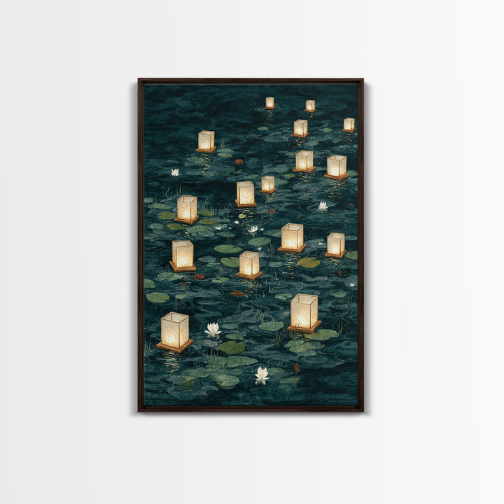 Floating Lanterns over Dark Water with Gentle Canvas Print, Asian Inspired Art, Room Decor, Living Room Decor, Harmony, ASI-2x3-51