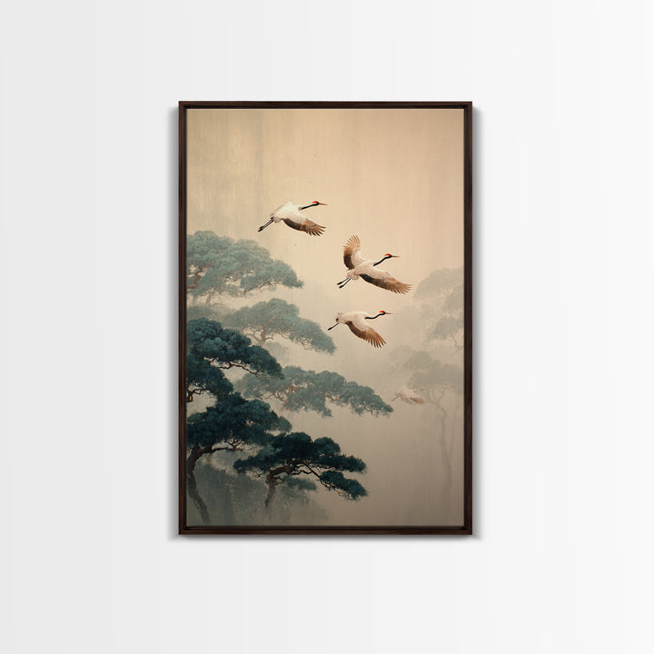 Red Crowned Cranes Flying Through Misty Pine Canvas Print, Asian Inspired Art, Bedroom Wall Decor, Living Room Decor, Harmony, ASI-2x3-57