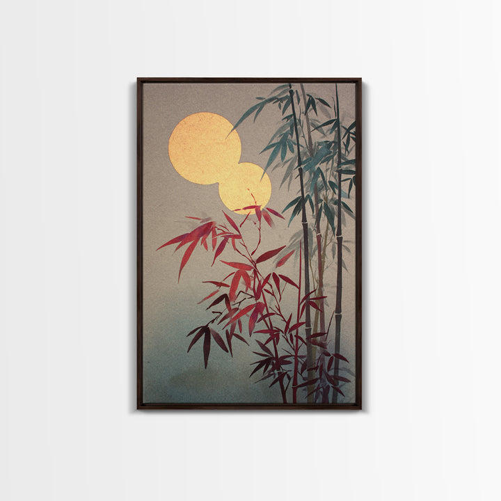Golden Moon Behind Bamboo Silhouettes Framed Canvas Print, Asian Inspired Art, Japandi Wall Art, Living Room Decor, Harmony, ASI-2x3-85