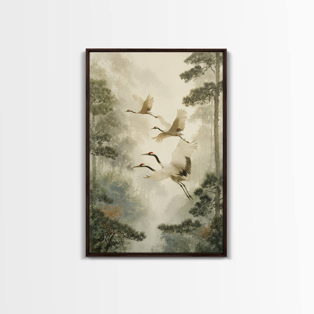 Red Crowned Cranes Flying Through Misty Pine Canvas Print, Asian Inspired Art, Poster, Living Room Decor, Fine Art, Harmony, ASI-2x3-9