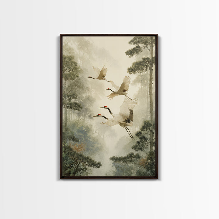 Red Crowned Cranes Flying Through Misty Pine Canvas Print, Asian Inspired Art, Poster, Living Room Decor, Fine Art, Harmony, ASI-2x3-9