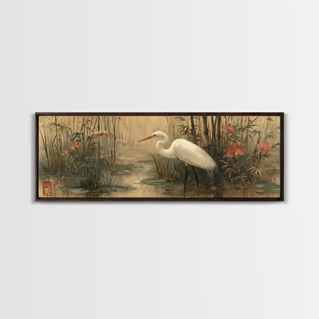 White Heron Standing Canvas Print, Asian Inspired Art, Indian Art, Living Room Decor, Abstract Art, Harmony, Neutral Decor, ASI-3x1-49