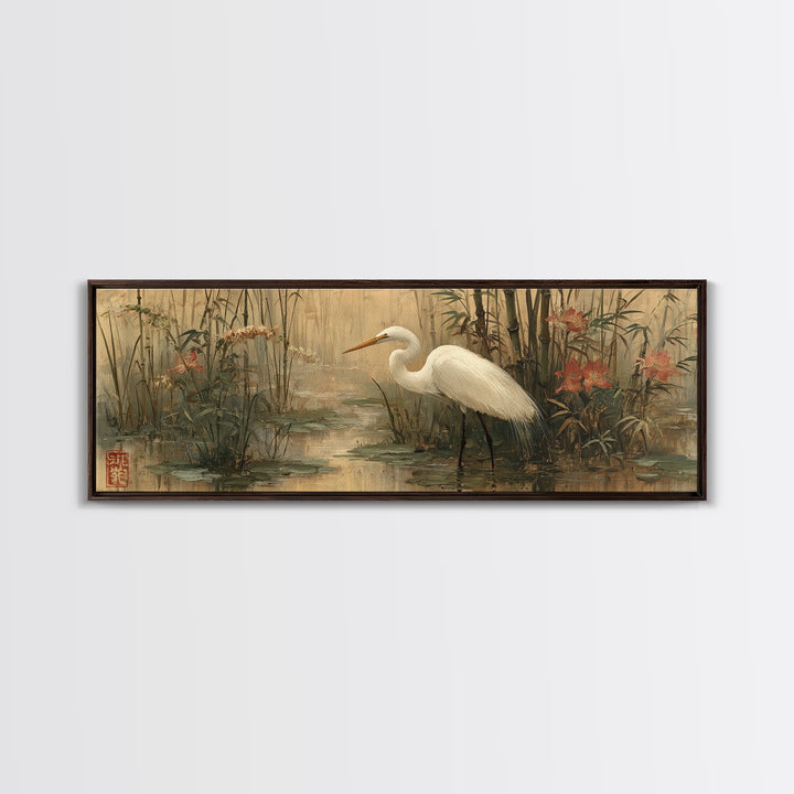 White Heron Standing Canvas Print, Asian Inspired Art, Indian Art, Living Room Decor, Abstract Art, Harmony, Neutral Decor, ASI-3x1-49
