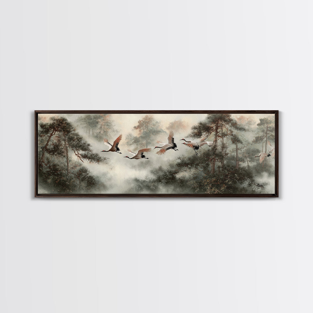 Red Crowned Cranes Flying Through Misty Pine Canvas Print, Asian Inspired Art, Aesthetic Wall Art, Living Room Decor, Harmony, ASI-3x1-65