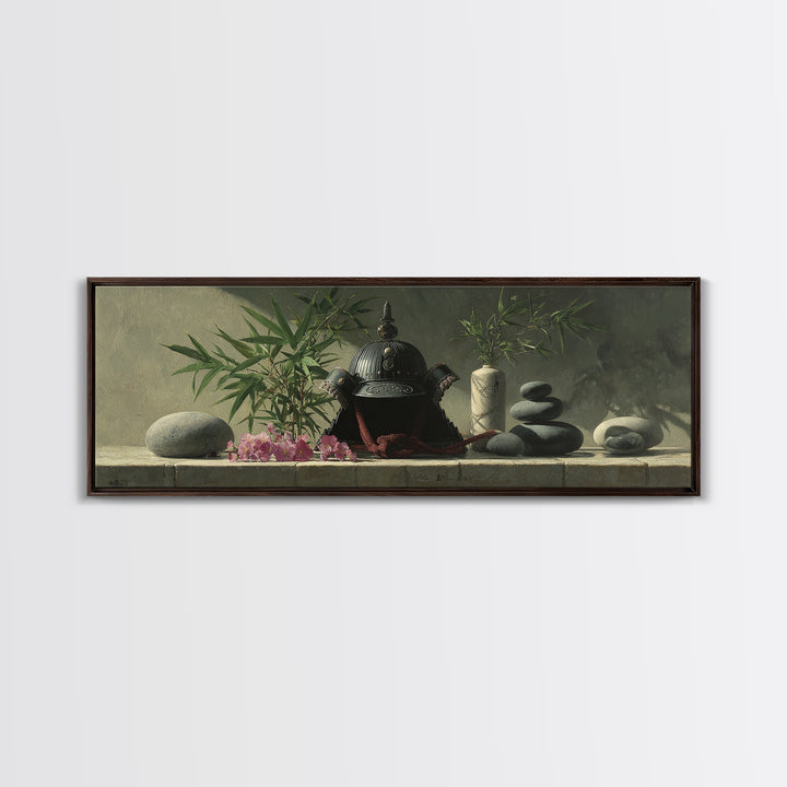 Samurai Helmet Still Life Canvas Print, Asian Inspired Art, Living Room Decor, Fine Art, Harmony, Floral Art, Botanical Print, ASI-3x1-71