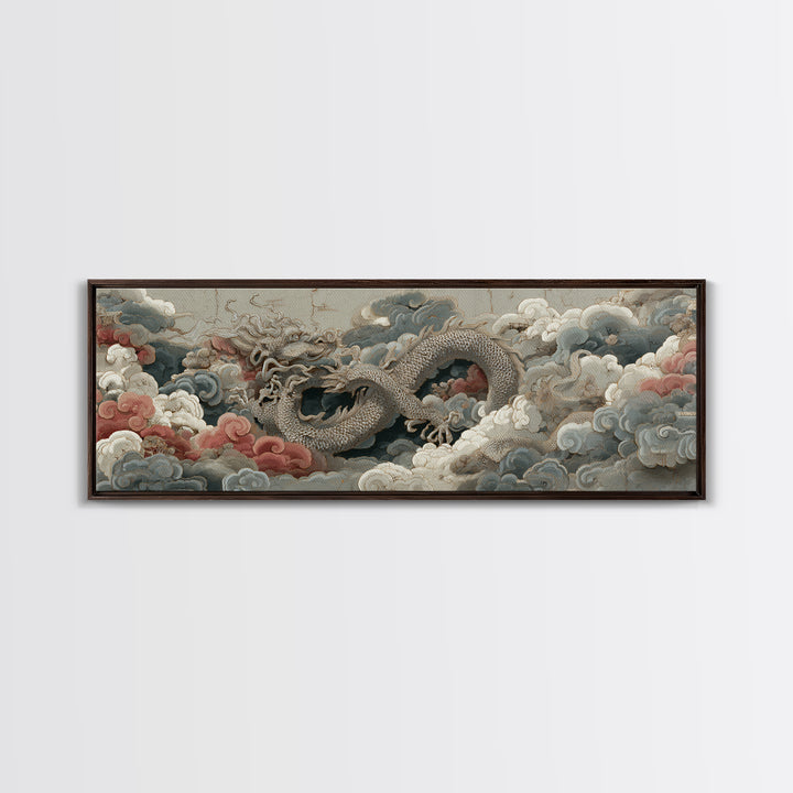 Dragon Curling Through Clouds Framed Canvas Print, Asian Inspired Art, Neutral Wall Art, Living Room Decor, Fine Art, Harmony, ASI-3x1-77