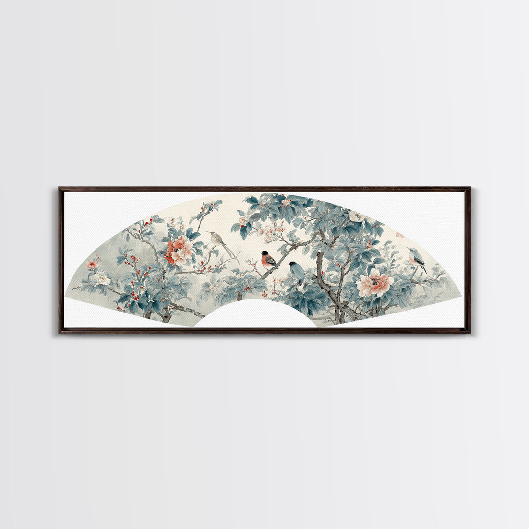 Fan Shaped Composition of Blossoms and Birds Canvas Print, Asian Inspired Art, Floral Art, Living Room Decor, Harmony, ASI-3x1-81