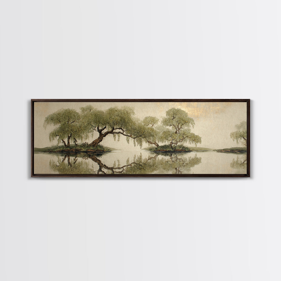 Willow Tree over a Reflective Pond Framed Canvas Print, Asian Inspired Art, Bird Art, Living Room Decor, Fine Art, Harmony, ASI-3x1-82